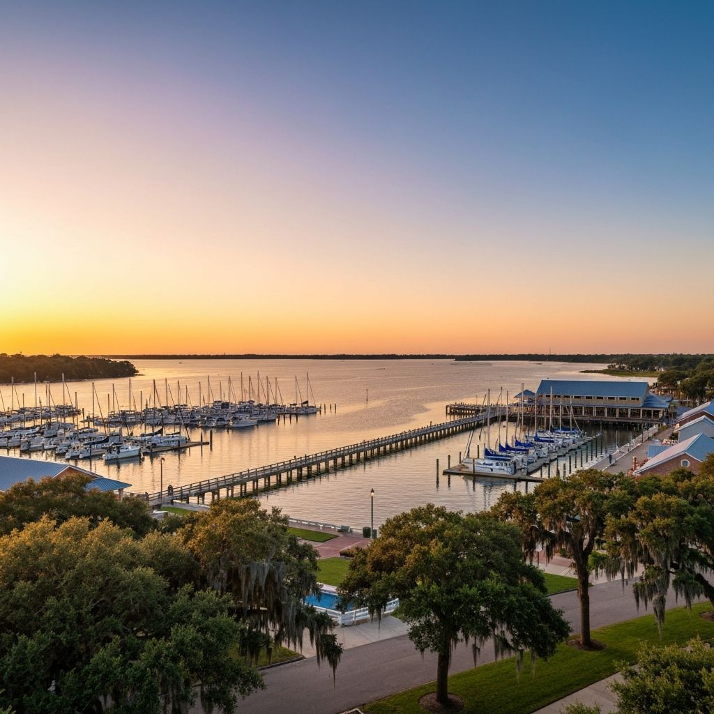 Bay St. Louis waterfront at sunset with marina and live oak trees