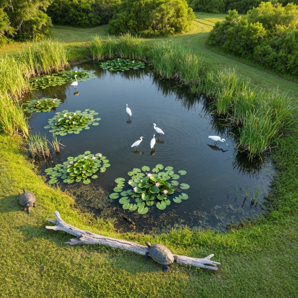 Man-made pond surrounded by native Gulf Coast plants and wildlife
