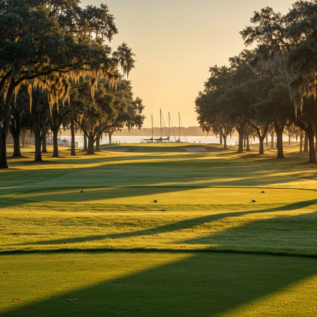 Gulf Coast golf course with bay waters visible in the background