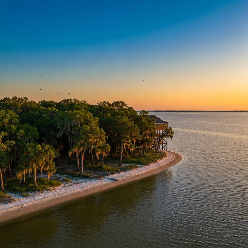 Gulf Coast sunset over Bay St. Louis with live oak trees and serene waters