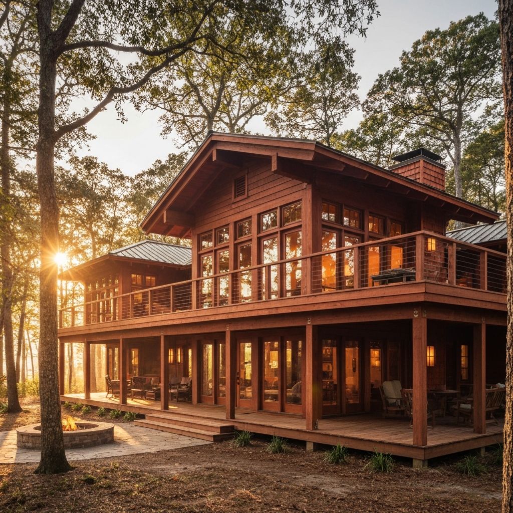 Elevated organic architecture cabin surrounded by live oak forest